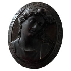 Victorian Bois Durci High Relief Goddess Cameo Mourning Brooch Greek Key C.1860