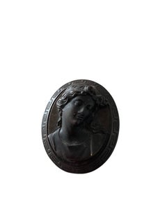 Victorian Bois Durci High Relief Goddess Cameo Mourning Brooch Greek Key C.1860