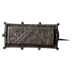 Victorian Hand-Engraved Silver Bar Brooch Pin C-Clasp Beaded Trim c.1880s