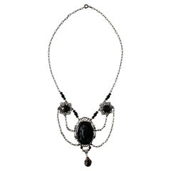 Victorian Revival Black Cameo Festoon Necklace Brass Filigree Drop