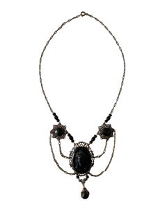 Victorian Revival Black Cameo Festoon Necklace Brass Filigree Drop