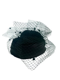 Vintage 1970s Plaza Suite by Betmar Black Satin Cocktail Hat with Chenille Dot V