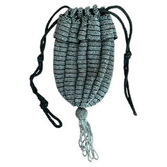 Antique French Micro-Beaded Reticule Pouch Bag with Tassel (1900s-1920s)