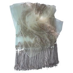 Vintage Beaded Tulle Mesh Scarf Wrap with Statement Fringe Tassels