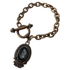 c. 1990s Extasia Vintage Antique Brass Charm Bracelet with Bi-Color Gradient Gla