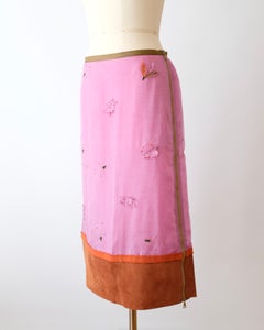 Prada FW1999 Pink Silk and Suede Leaf Appliqué Skirt (XS/S)
