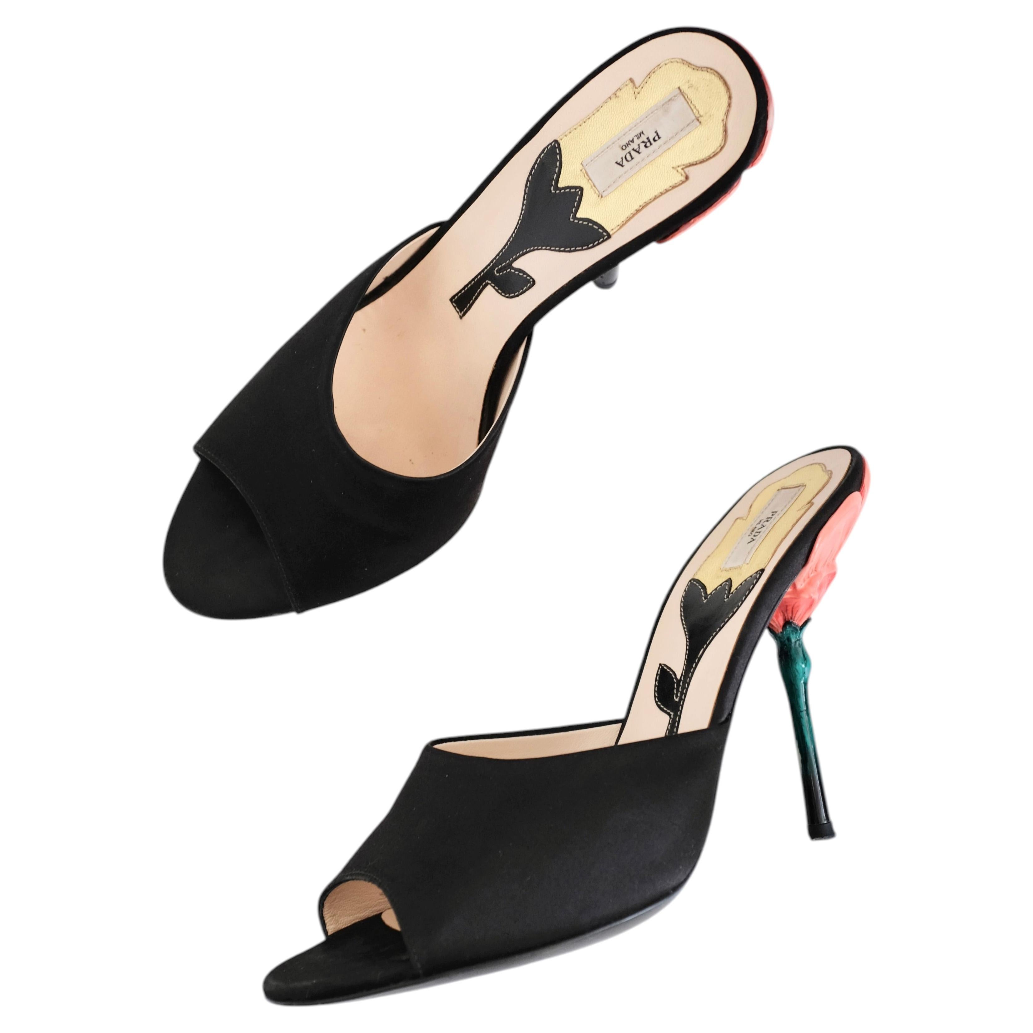Prada SS2008 Sculptural Flower Stem Peep Toe Mules in Black Satin (38.5)