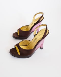 Prada SS1998 Brown Satin and Pink Transparent Lucite Wedges (36.5)