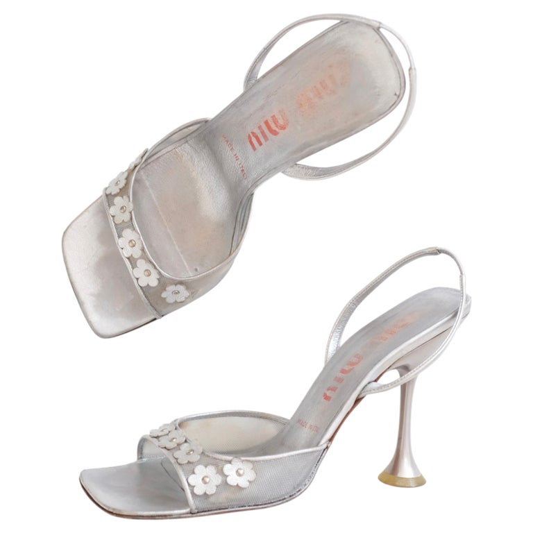 Miu Miu 1999 Silver Mesh 3D Flower Open Toe Slingback Sandals (39