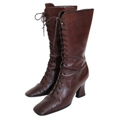 Prada FW2001 Dark Brown Lace Up Square Toe Victorian Boots (37.5)