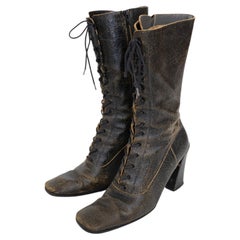 Miu Miu FW2001 Crackle Effect Lace Up Square Toe Victorian Boots (39.5)