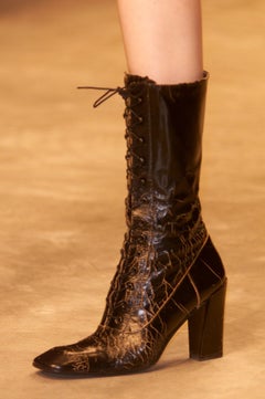 Miu Miu FW2001 Crackle Effect Lace Up Square Toe Victorian Boots (39.5)