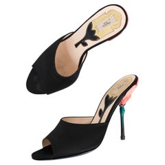 Prada SS2008 Sculptural Flower Stem Peep Toe Mules in Black Satin (38)