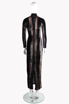 Gianni Versace F/W 1993 Black & Bronze Striped Velvet Mock Neck Maxi Dress