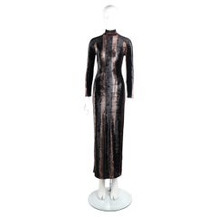 Gianni Versace F/W 1993 Black & Bronze Striped Velvet Mock Neck Maxi Dress