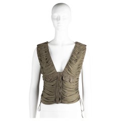 VALENTINO SS 2003 Runway Khaki Ruched Military Vest Top with Crystal Stars