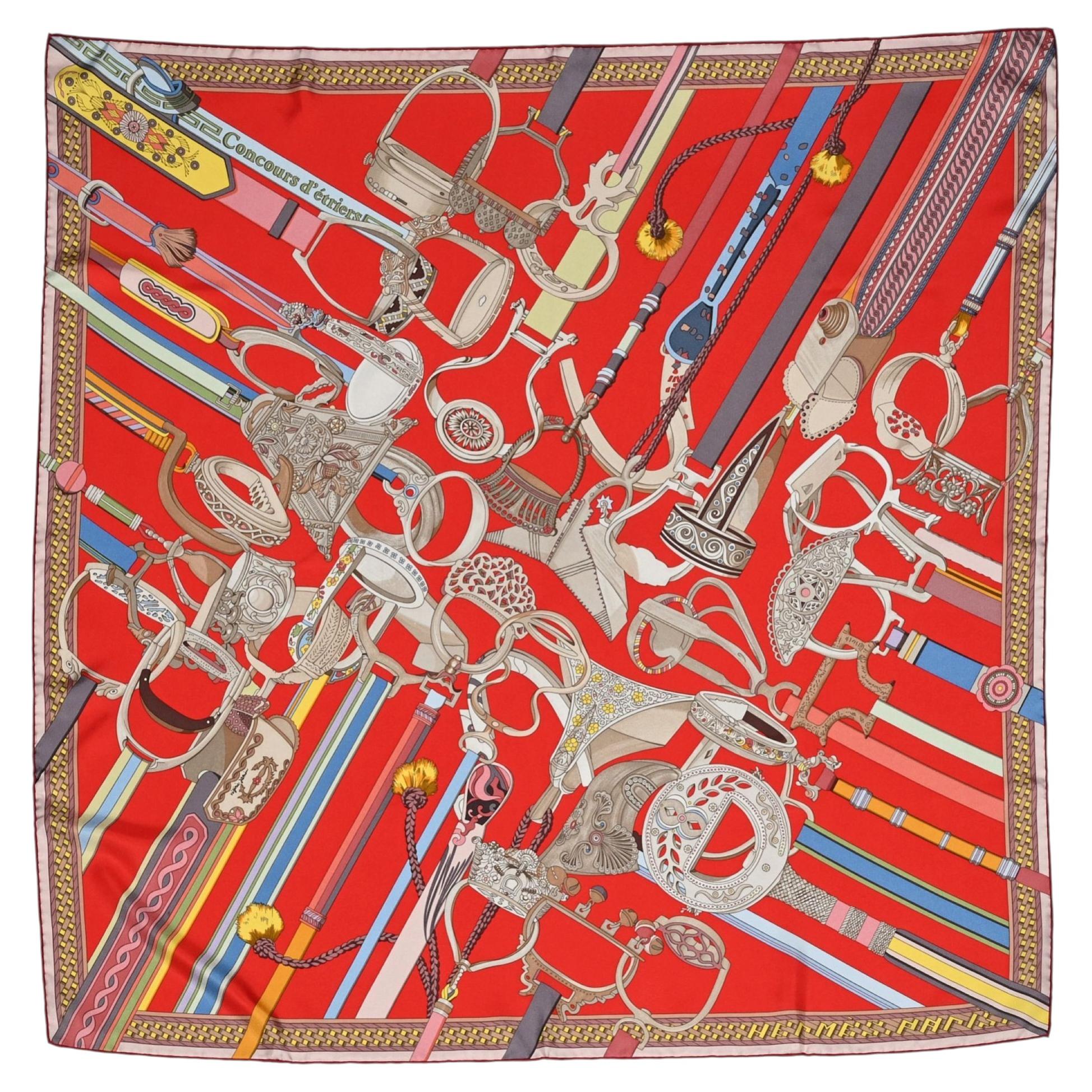 Hermès „Concours d’Étriers“ – roter Seidenschal von Virginie Jamin, 2011 im Angebot
