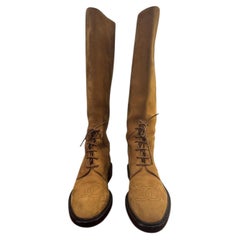 Chanel Vintage Equestrian Knee-High Boots Camel Nubuck Leather Size 38