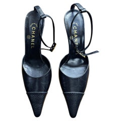 Chanel Black Lambskin T-Strap Pumps with Lizard-Embossed Details, Size 37, 5 C