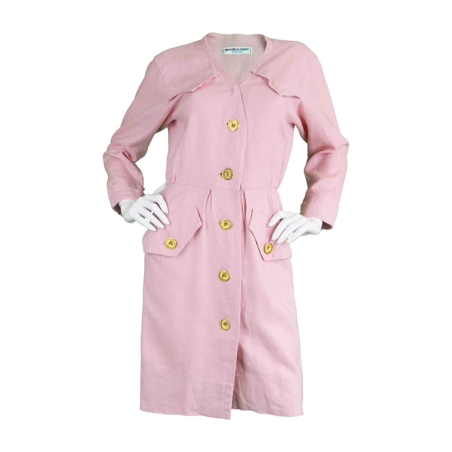 1980s Vintage Yves Saint Laurent Baby Pink Linen Dress Rive Gauche