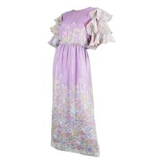 Hanae Mori Purple and Pastel Floral Printed Ruffle Sleeve Maxi Dress, 1980s 