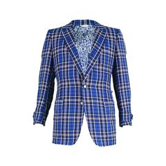 1960s Men's Vintage Blue Checked Wool Blazer with Atomic Print lining.