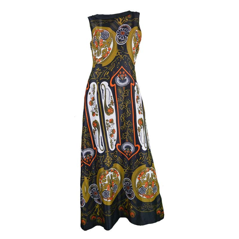1960s Vintage Art Nouveau Print Maxi Dress at 1stDibs