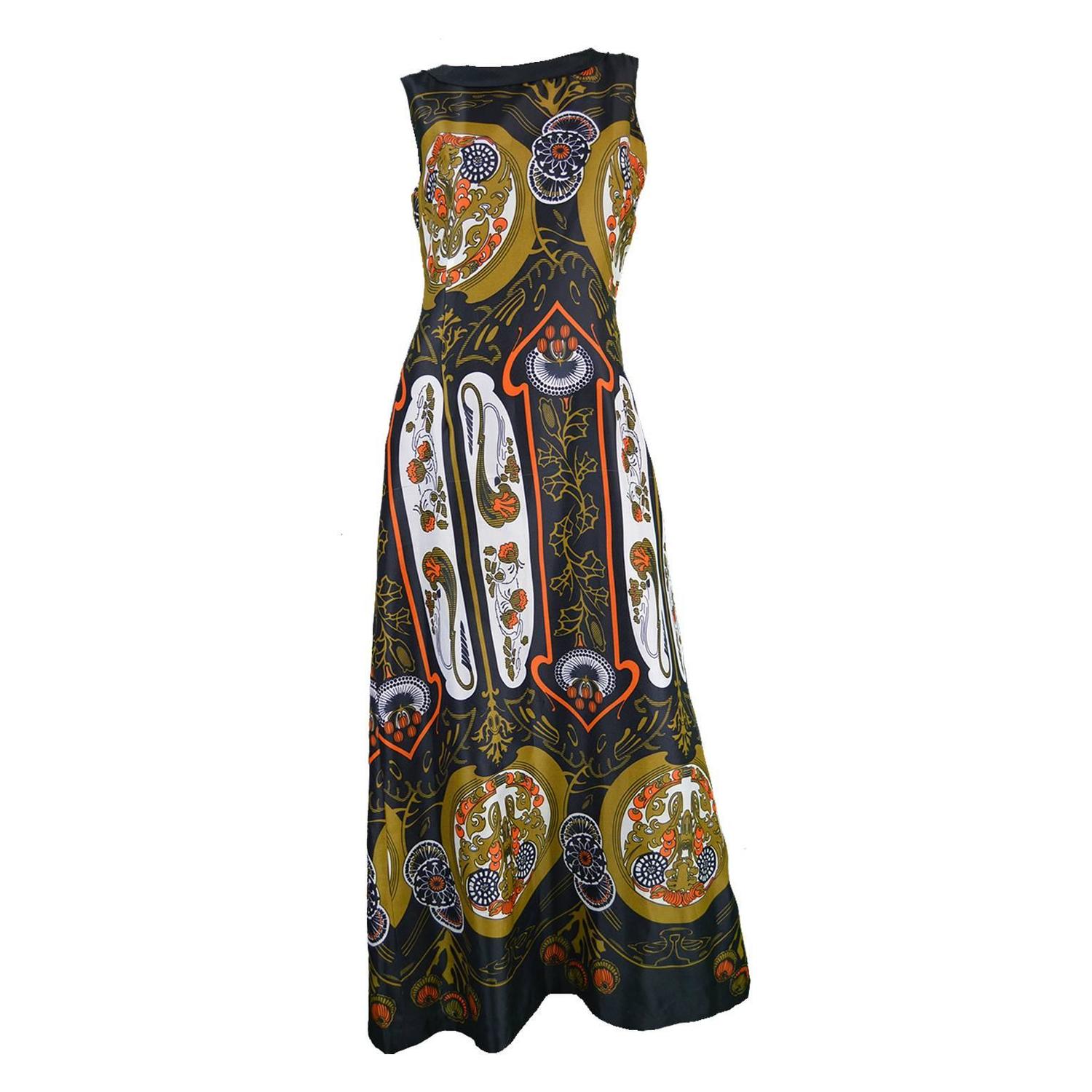 1960s Vintage Art Nouveau Print Maxi Dress at 1stdibs
