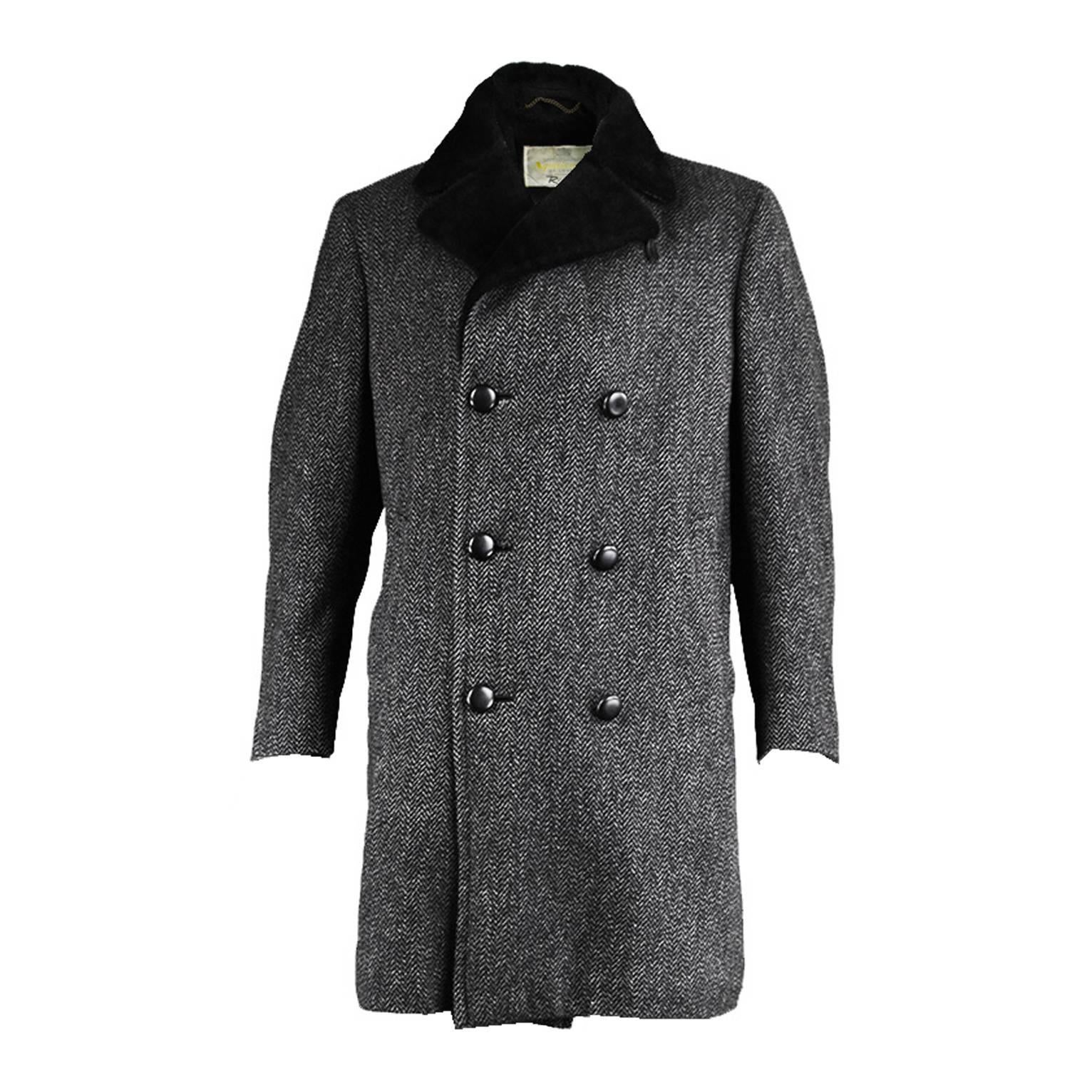 Aquascutum Men's Wool Herringbone Overcoat with Faux Fur Collar, 1960s For Sale