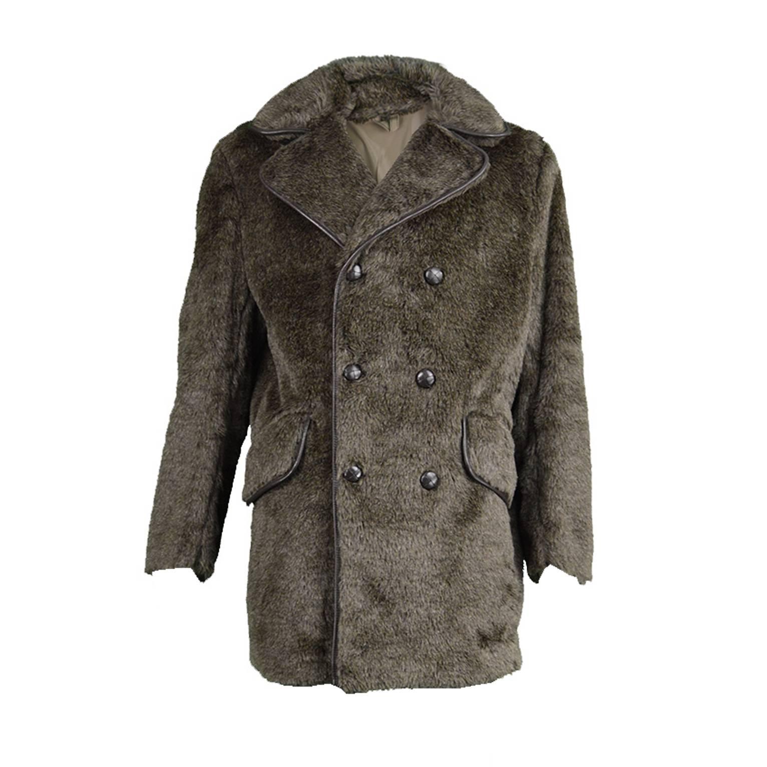 Men's Vintage Faux Fur Coat with Double Breasted Buttons, 1970s