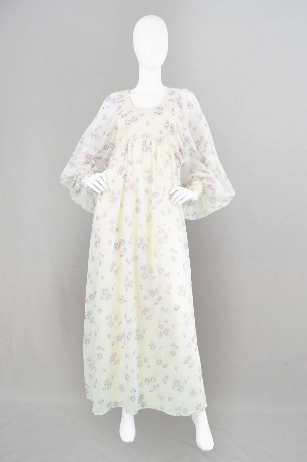 Cotton Voile Balloon Sleeved Boho Goddess Maxi Dress, 1970s In Excellent Condition In Doncaster, South Yorkshire