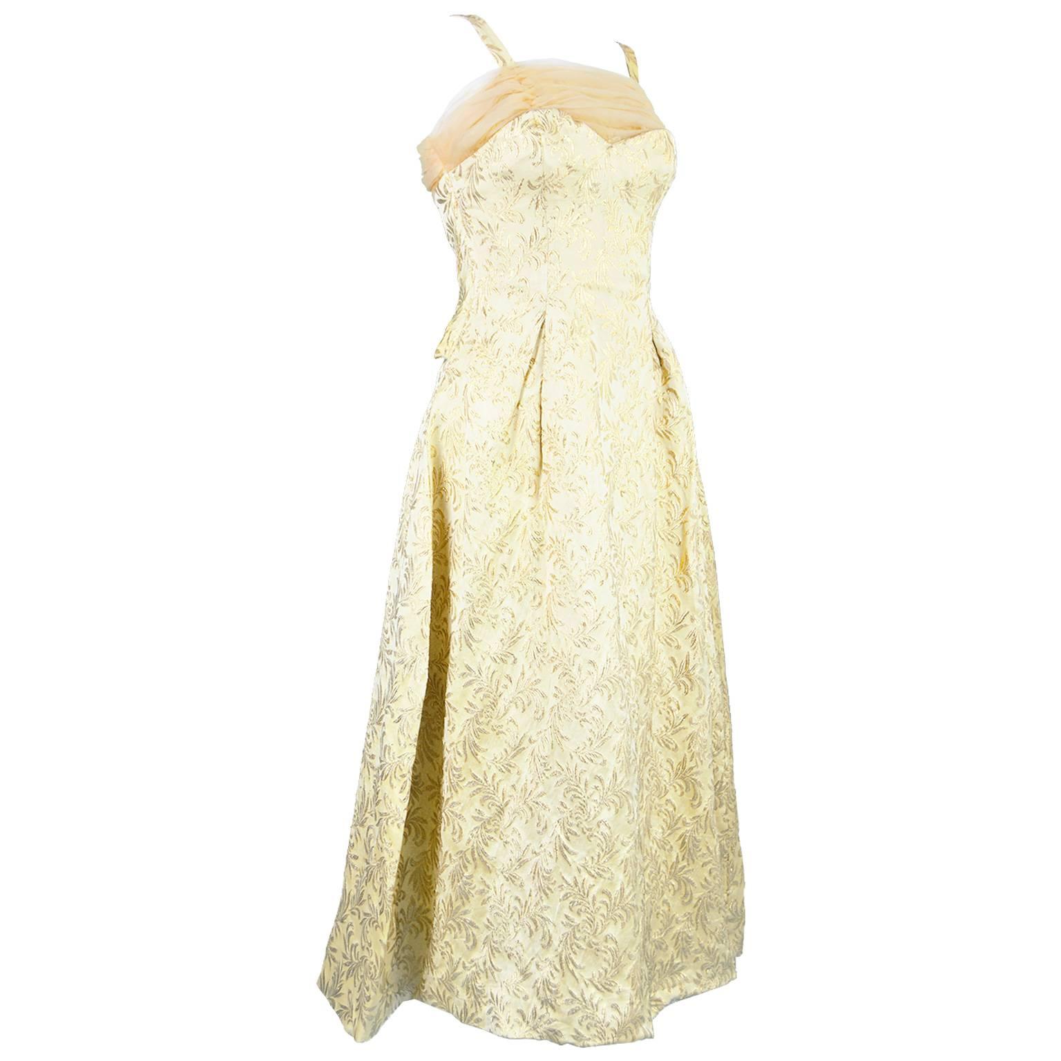 Gold Brocade Evening Gown with Chiffon Train, 1950s For Sale