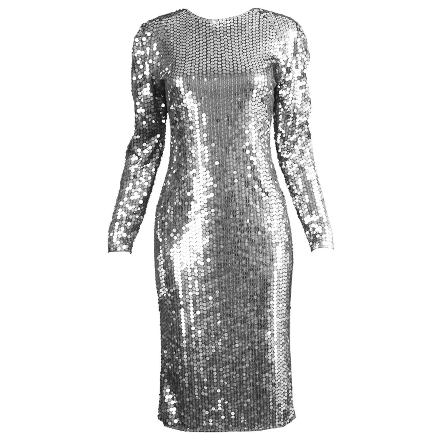 Halston Silver Sequin Dress with Deep Scoop Back, 1970s For Sale