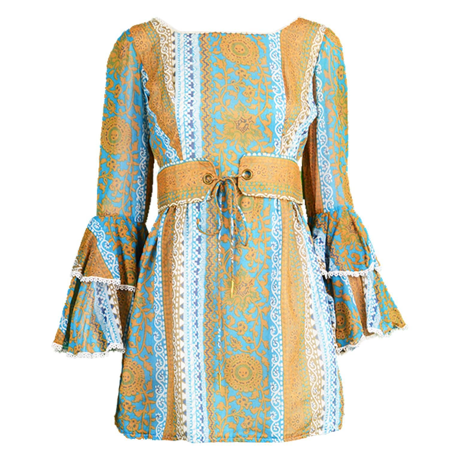 Koupy Boutique Cotton Voile Bell Sleeve Mini Dress, 1970s For Sale