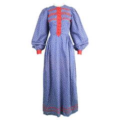 Mary Quant Blue & Red Peasant Dress with Ditsy Floral Print, 1970s