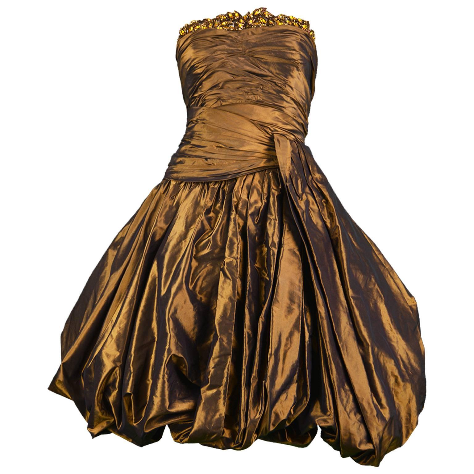 Jean-Louis Scherrer Couture Numbered Bronze Silk Taffeta Dress, 1980s