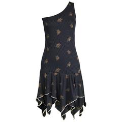Emanuel Ungaro One Shoulder Black & Gold Party Dress, 1970s 1