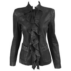 Tom Ford for Yves Saint Laurent Black Draped Ruffle Leather Jacket ...