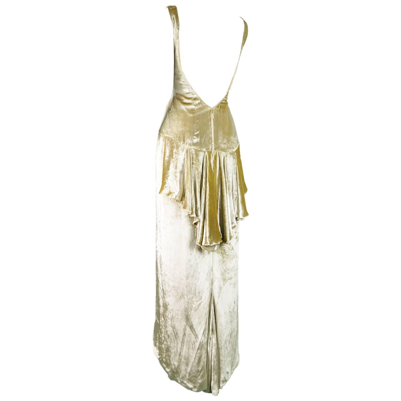 David Fielden Pale Gold Silk Velvet Evening Gown with Back Bustle, 1990s For Sale