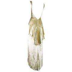 David Fielden Pale Gold Silk Velvet Evening Gown with Back Bustle, 1990s