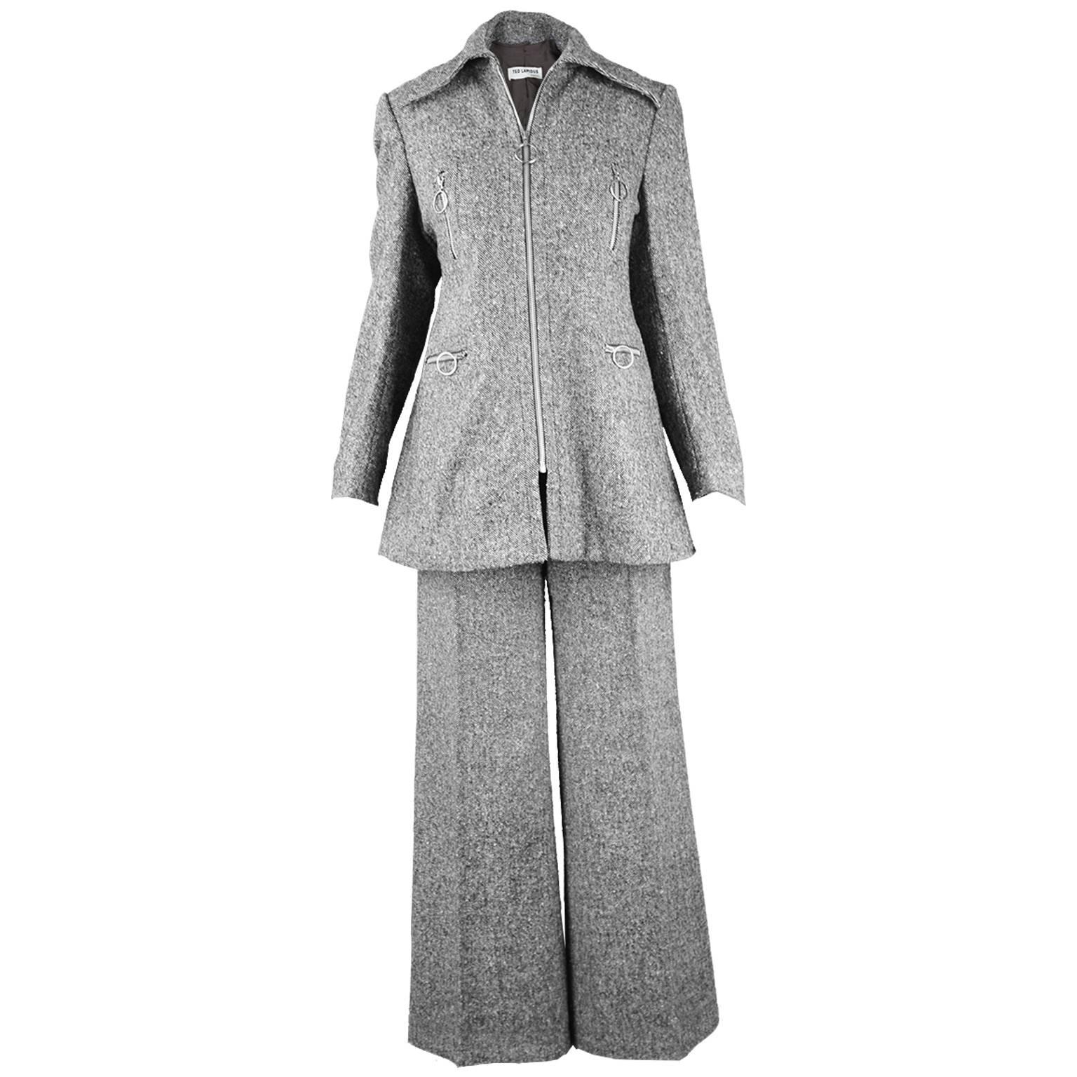 Ted Lapidus Vintage Grey Wool Tweed Womens Flared Pant Suit, 1970s For Sale