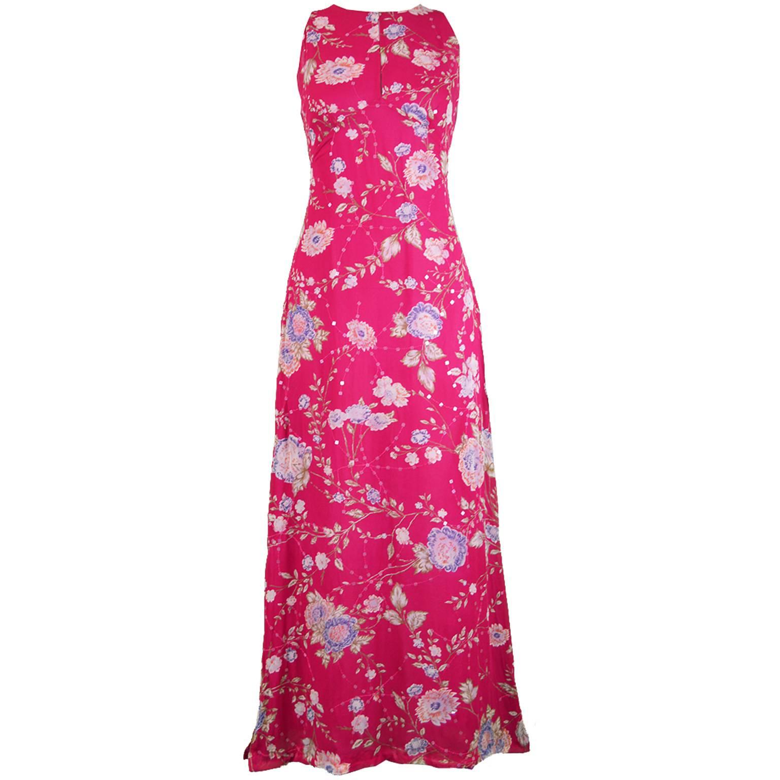 Emanuel Ungaro Vintage Fuschia Silk Floral Asian Maxi Dress, 1990s For Sale