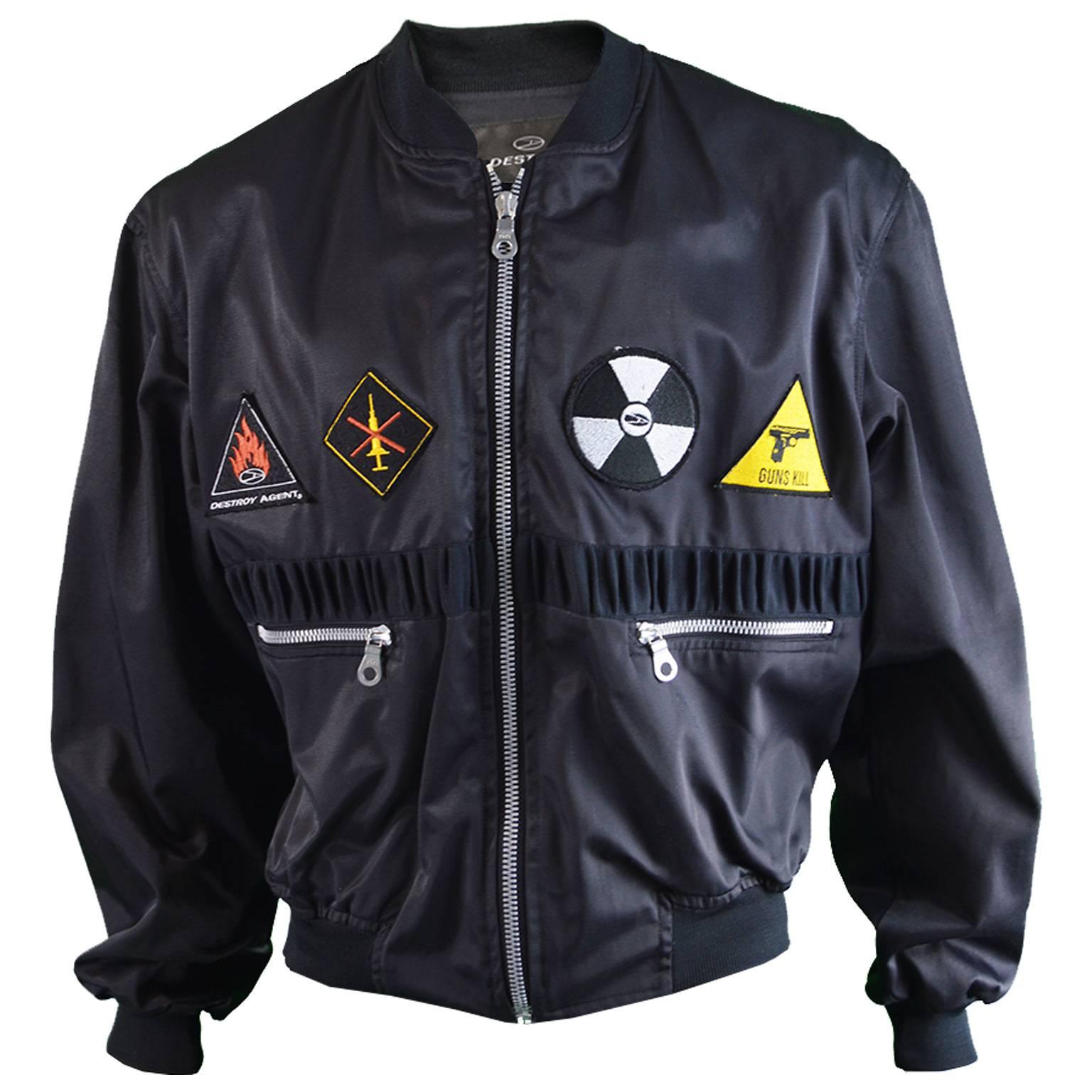John Richmond Destroy Political Punk Applique Mens Satin Bomber Jacket, 1990s For Sale