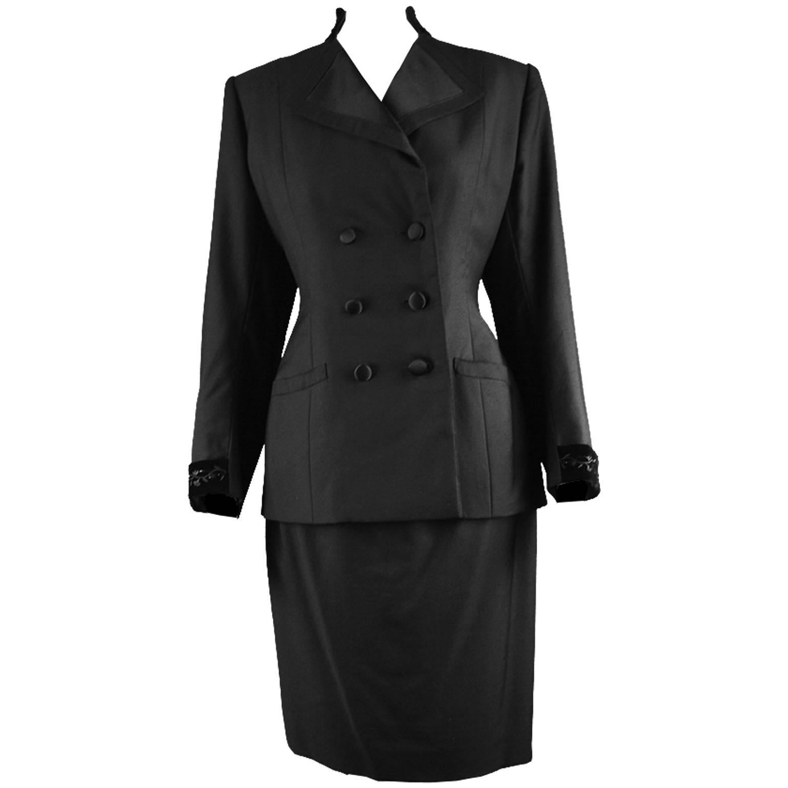Hardy Amies Couture Vintage Black Hand Tailored Skirt Suit, 1960s