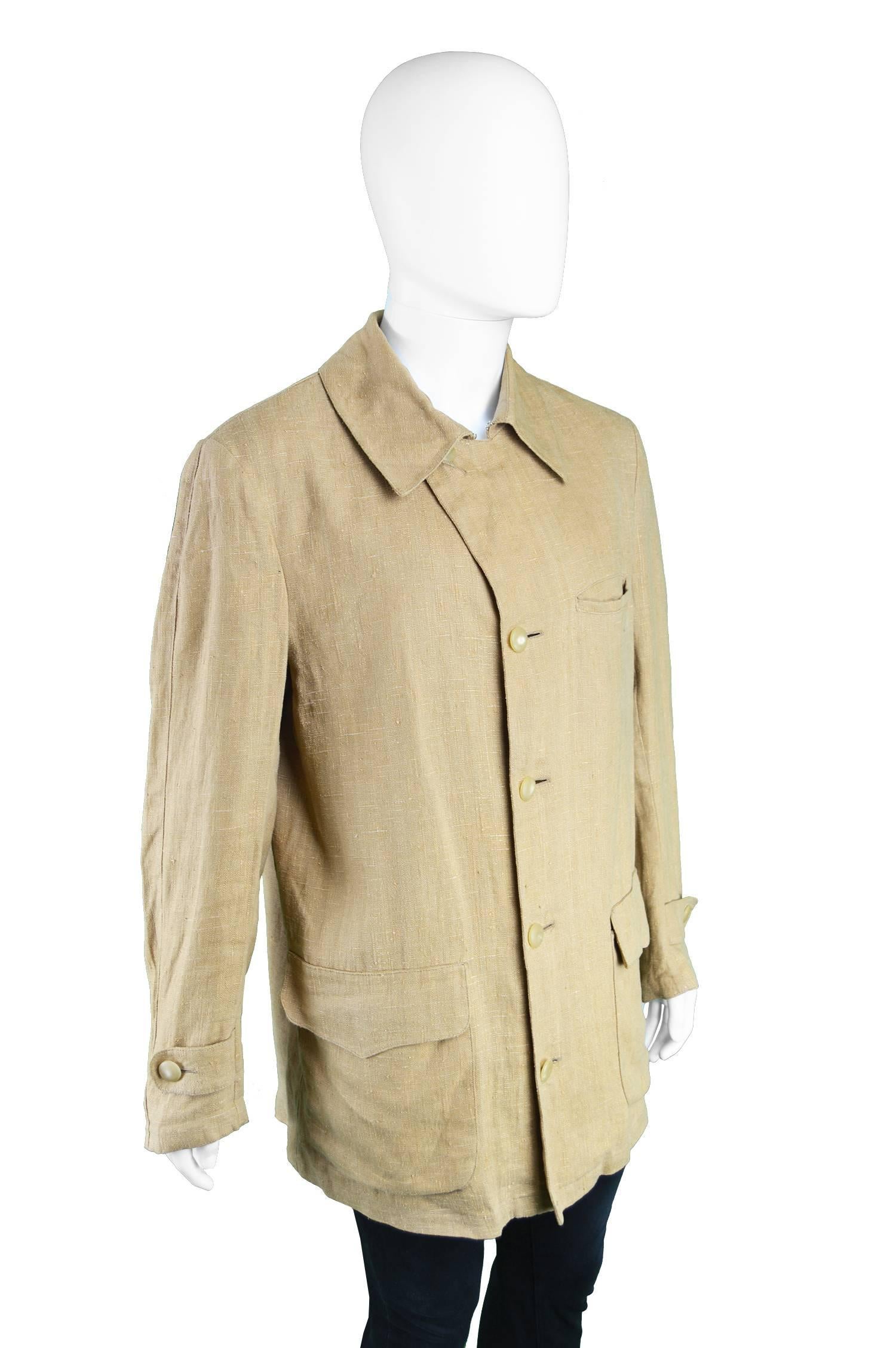 Cerruti 1881 Men's Linen Minimalist Vintage Khaki Jacket, 1990s In Excellent Condition In Doncaster, South Yorkshire