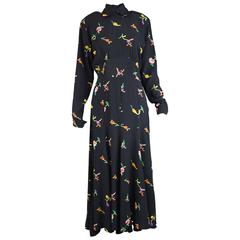 Norma Kamali Vintage Floral Black Crepe Shoulder Padded Dress, 1980s