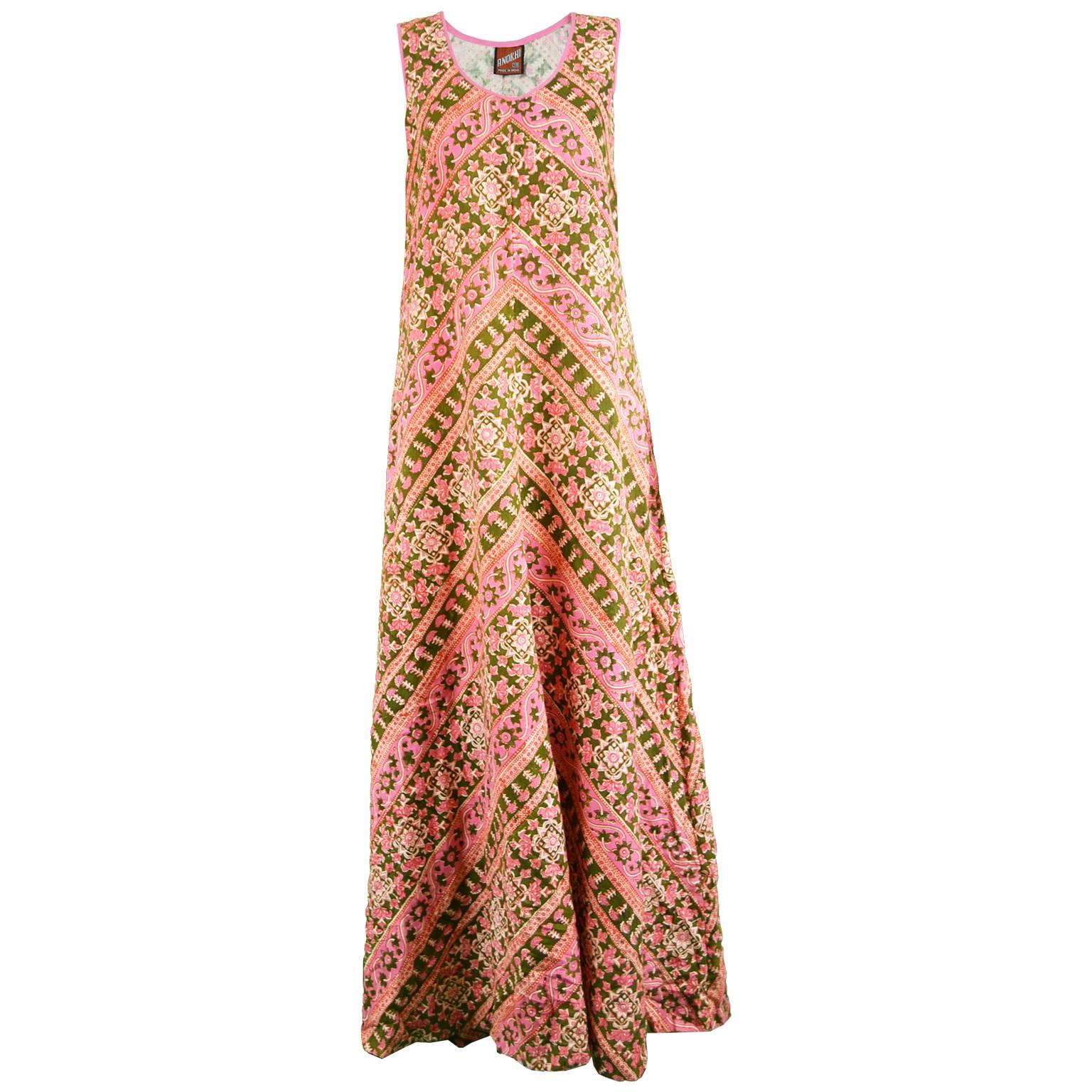 Anokhi Vintage Indian Cotton Pink & Green Maxi Column Dress, 1970s