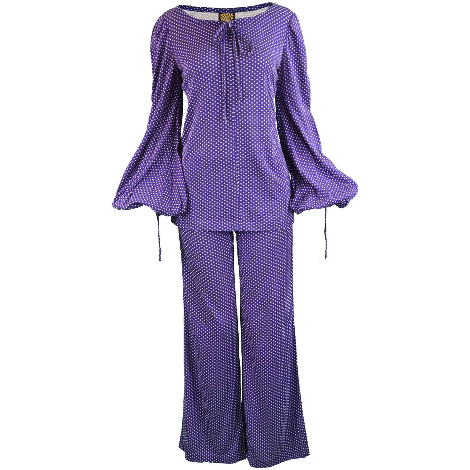 Biba Purple Polka Dot Two Piece Tunic Top and Palazzo Pant Suit, 1970s