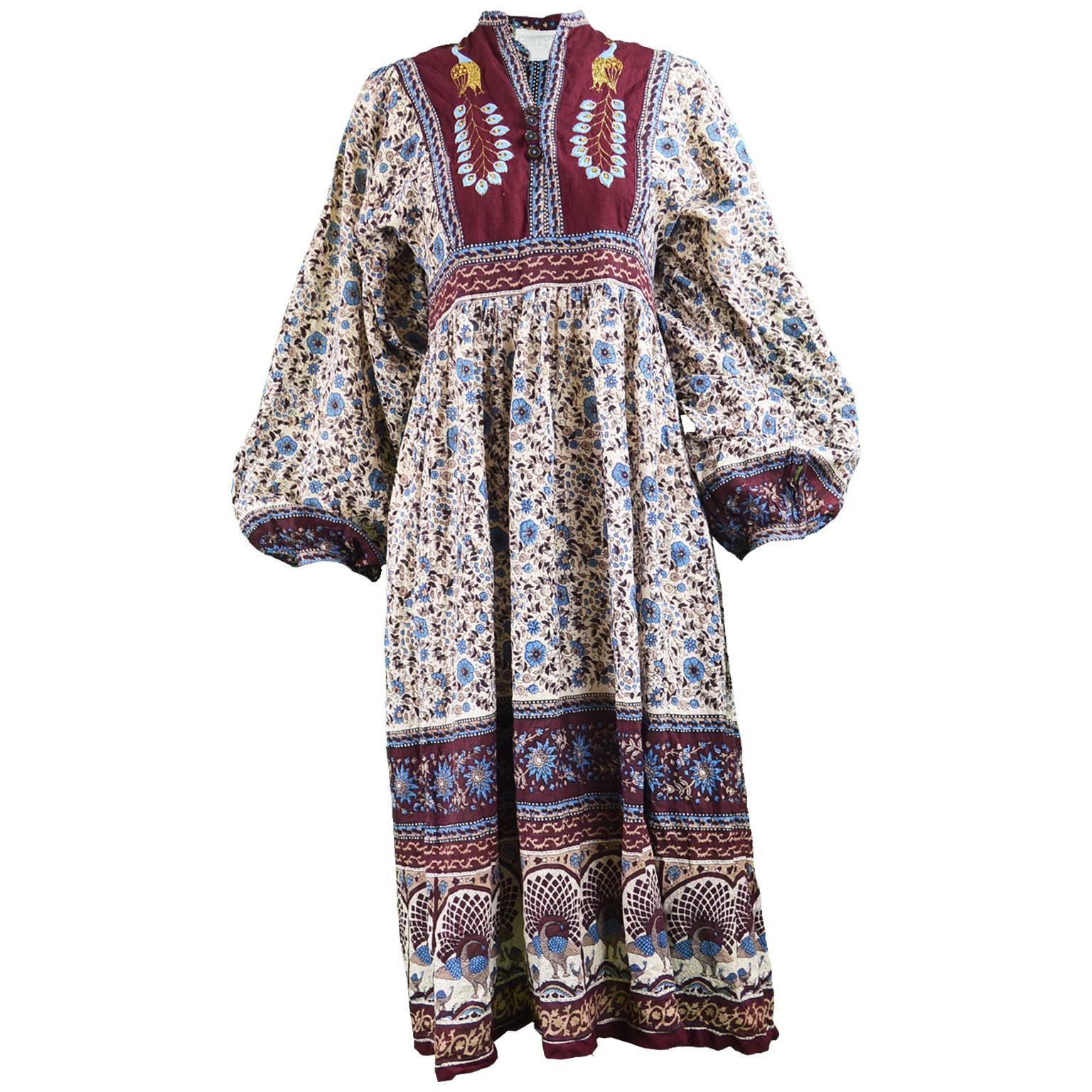 Vintage 1970s Indian Cotton Gauze Block Print Dress with Balloon Sleeves
