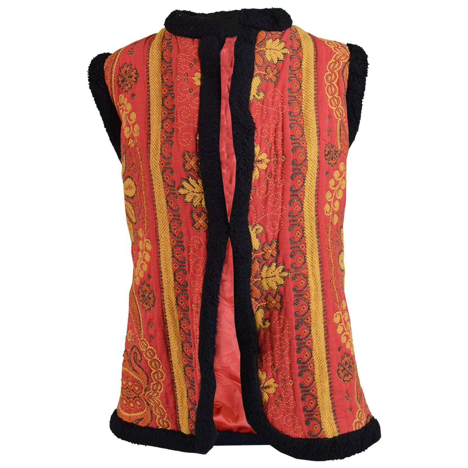 Manon Maid Vintage Hippie Red & Black Afghan Style Floral Tapestry Vest, 1960s